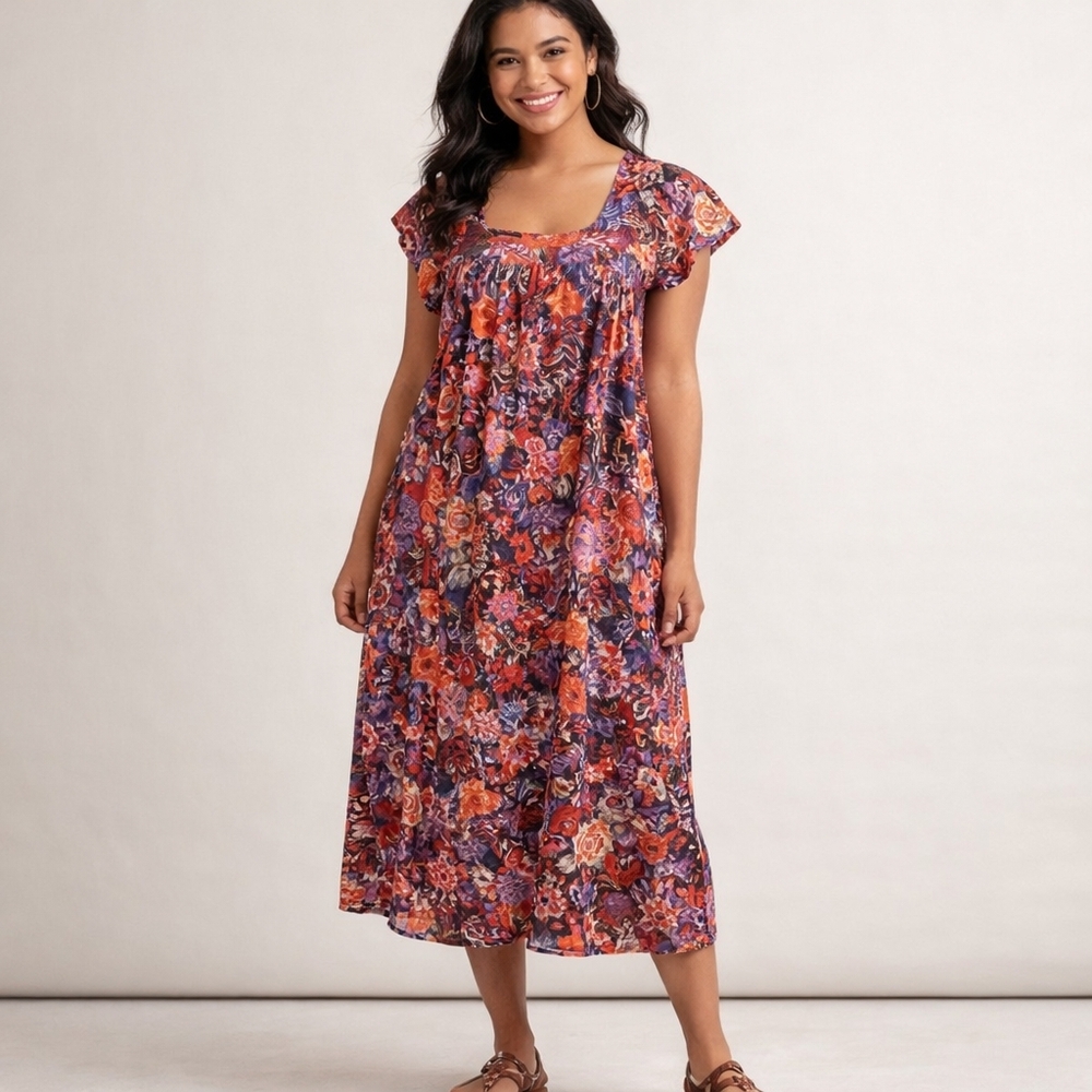 Floral‎ Boho Midi House Dress Short Sleeve Size M Y2K Country Cottagecore Empire